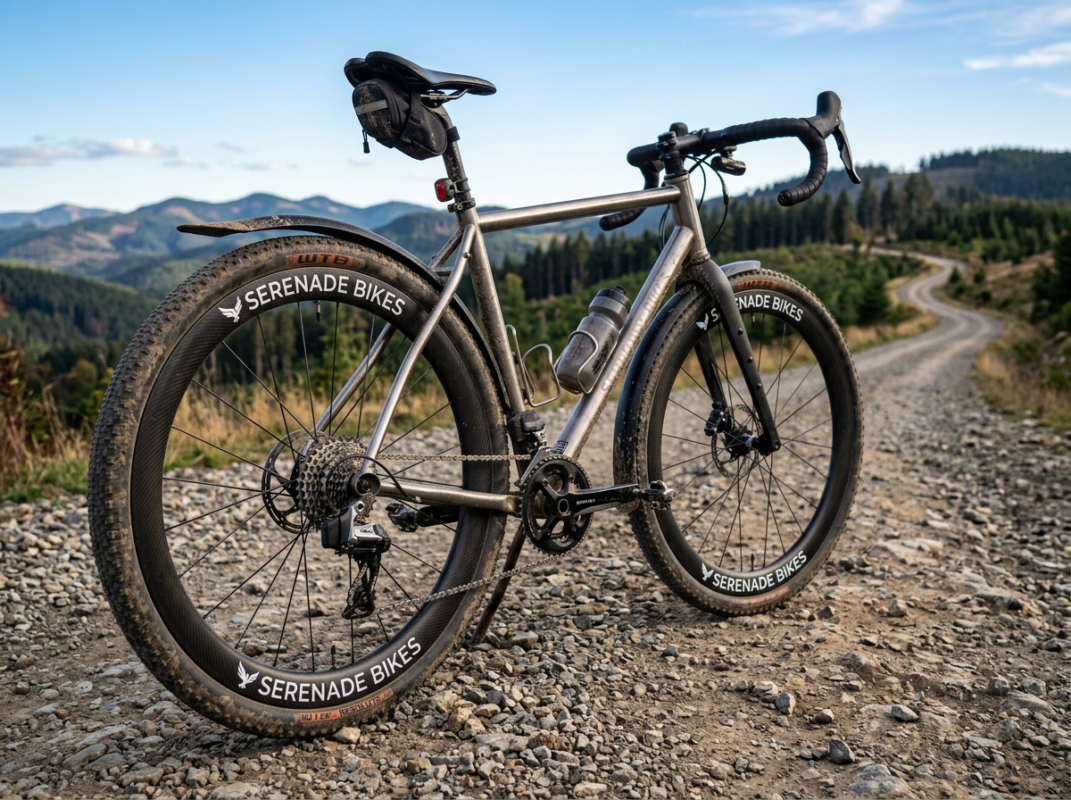 Gravel bike on rocky trail with mountain landscape