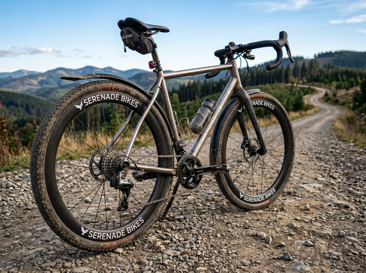 Gravel bike on rocky trail with mountain landscape